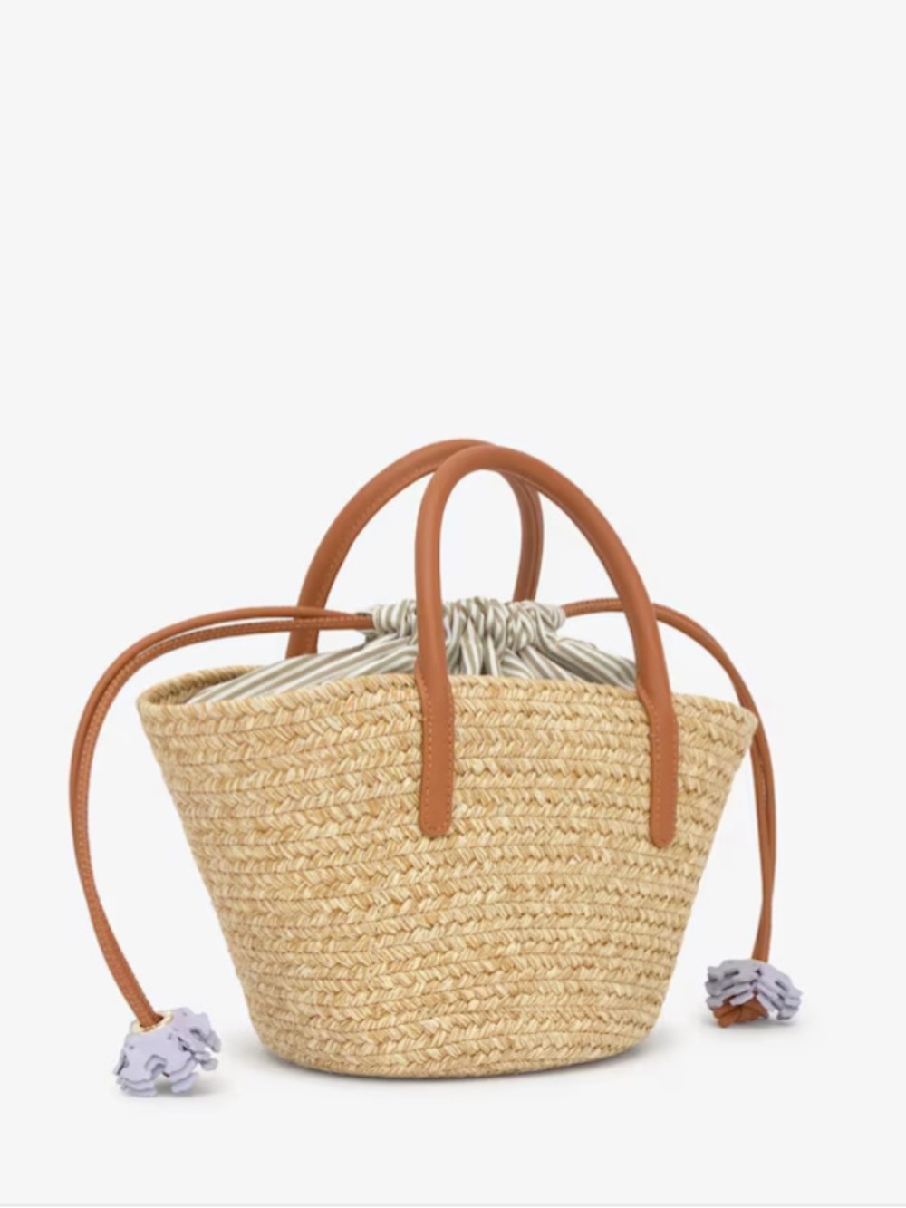 Tous Straw Tote with Tan Leather Handles and Cream Drawstring - Picture 3 of 7